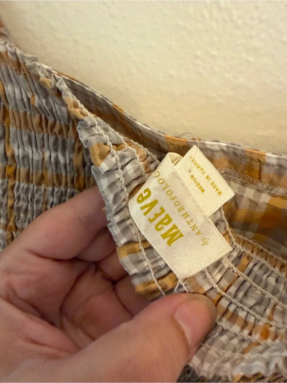 Anthropologie Mustard and Cream Plaid Puff-Sleeve Square-Neck Top